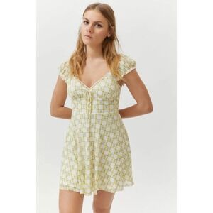 Urban Outfitters Yellow Floral Print‎ Smocked Square Neck Tie Front Mini Dress M
